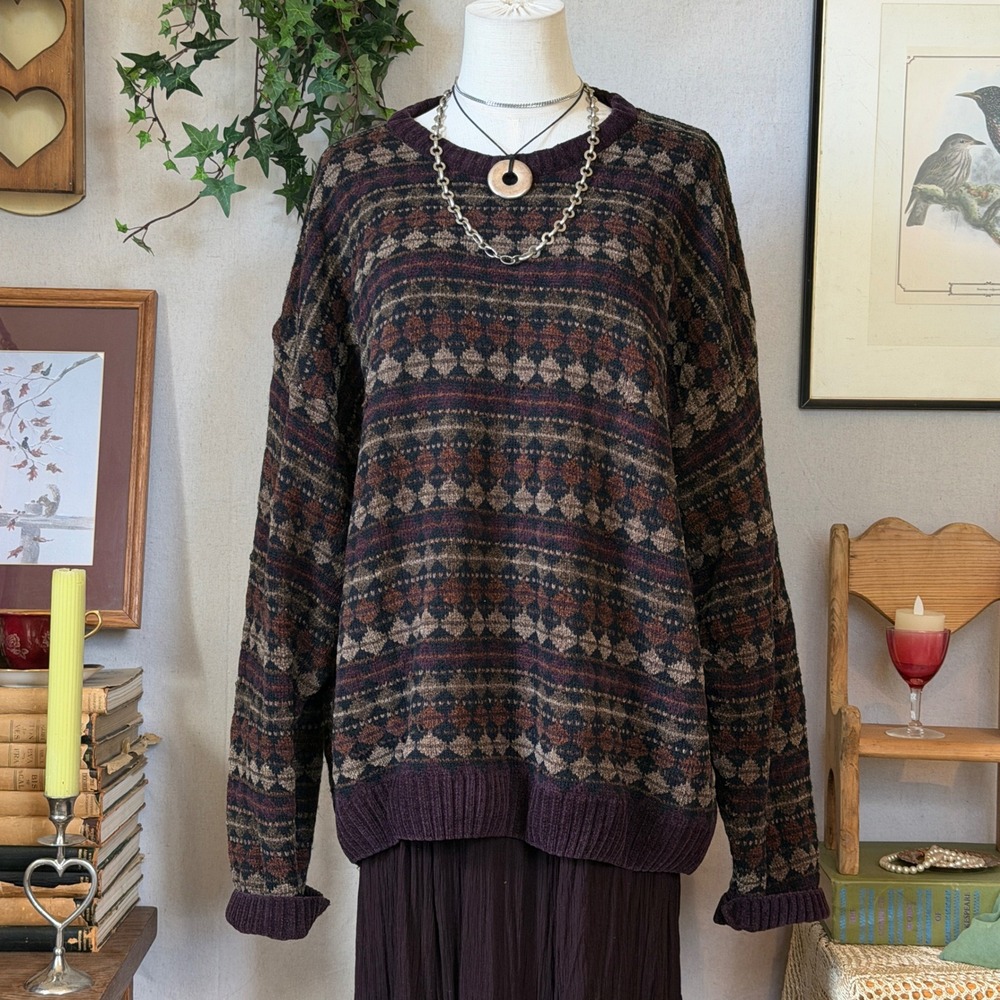Purple Geometric Striped Chenille Sweater Oversized Whimsygoth Granola 2XL